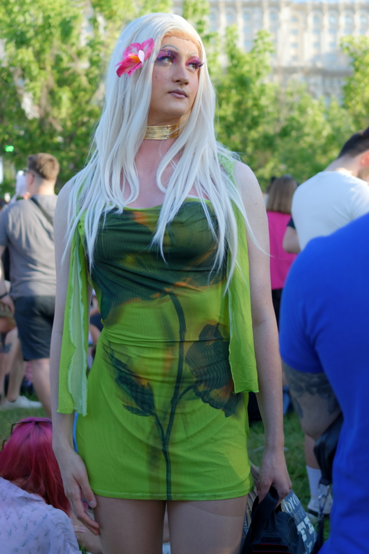Person dressed for the Pride parade, featuring a green patterned dress and long blonde hair